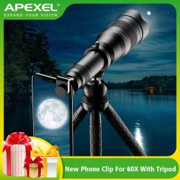 Telescopes Apexel 60x Super Telephoto Zoom Phone Lens 36x 28x Powerful Monocular Metal Telescope Mobile Telephoto Lens for Camping Tourism