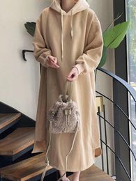 Casual Dresses Contrast Colour Autumn Winter 2024 Hooded Loose Long Sleeve Khaki Sweatshirt Dress For Women Dreses X513