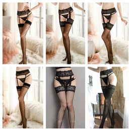 Sexy Lace Suspender Integrated Net Socks Silk Stockings Perspective Interesting Long Tube Knee Length Pantyhose Set