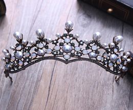 Baroque Vintage Crystal Pearl Bridal Tiaras Hairband Headpiece Black Rhinestone Princess Pageant Crown Wedding Hair Accessories Y25479078