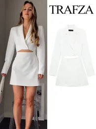 Casual Dresses TRAFZA Women Spring Elegant White Turn-Down Collar Long Sleeve Hollow Out Decorate Zipper Female Fashion Midi Dress