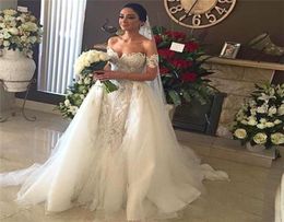 Luxury White Wedding Dresses With Removable Tulle Overskirt Mermaid Lace Applique Sweetheart Neck Backless Court Train Bridal Dres3560365