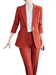 Women's Two Piece Pants Office Ladies Pant Suit Women Black Brown Red Plaid Female Business Work Wear Jacket Blazer And Trouser Formal 2 Set