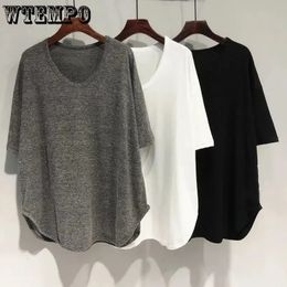 WTEMPO Women Spring Summer Curved Hem Korean Loose Midlength VNeck TShirts Short Batwing Sleeve Casual Solid Thin Tops 240416