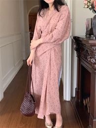 Casual Dresses Alien Kitty Pink Florals Maxi Dress Spring Chic Full Sleeve Printed Sweet 2024 Slim V-Neck Close Waist Office Lady Elegant