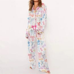 Cute Pajamas y2k Clothes Women Graphic Print Turn Down Collar Single Breasted Long Sleeve Shirt Tops and Pants 2000s Loungewear 240407