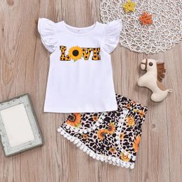 Clothing Sets Kids Toddler Infant Baby Girls Ruffled Sleeve Letter Tops Sunflower Leopard Print Stuff For Outfits