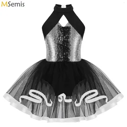 Stage Wear Kids Girls Glitter Sequins Tutu Ballet Dance Dress Halter Gymnastics Leotard Children Modern Jazz Dancing Performance Costume