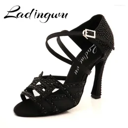 Dance Shoes Ladingwu Latin Women Rhinestone Salsa Ballroom Party Profession Heels 10cm Satin Black