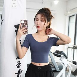 Lulemen tops shorts Yoga short sleeve top with breast pad new Korean version navel leakage sweat absorption fast drying sports fitness slim T-shirt
