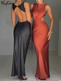 Urban Sexy Dresses Hugcitar Satin Elegant Sleeveless Backless Solid Button Sexy Slim Maxi Prom Dress Spring Women Outfit Birthday Party Festival Y240420