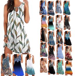 Womens Casual Summer Print Vest Sleeve Dress Hollow Round Neck Loose 22 Colours