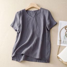 Women's T Shirts 2024 Summer T-shirt Solid Cotton Linen Short Sleeved V-neck Top Casual Loose Tees Oversized Kimono Mujer Coat