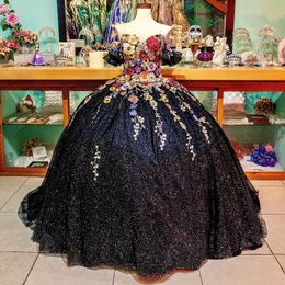 Black Shiny Sweetheart Quinceanera Dresses Off Shoulder Sequined Applique Lace Chapel Train Corset Prom vestido de debutante 15 anos