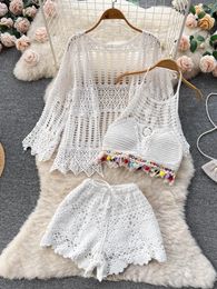 Women's Tracksuits Summer Beach Three Piece Sets Women Sexy Hollow Suits Long Sleeved Shawl Cardigan Hanging Neck Bra Wide Leg Shorts