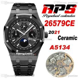 APSF 41mm Perpetual Calendar 26579CE A5134 Automatic Mens Watch Superlumed Blue Textured Dial Moon Phase Black Ceramic Case And Br303T