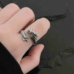 Heavy Industry Silver Plated Dragon Ring Chinese Style Chic Year of the Dragon Man Open Ring S925 Silver Ring