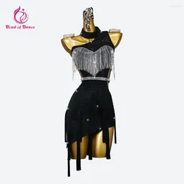 Stage Wear Black Latin Dance Dress Women Competition Clothes For Line Cabaret Ball Elegant Costume Girl Sexy Suit Midi Skirt