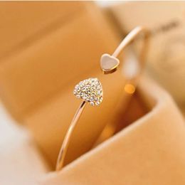 Hot Sale New Fashion Adjustable Gold Crystal Double Heart Bow Bilezik Open Cuff Bracelet For Women Jewellery Mujer Pulseras