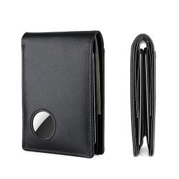 Holders Airtag Business Genuine Cow Leather Men Bifold Thin Wallet RFID Blocking Credit Bank Card Holder with ID Window Male Purse Black