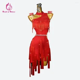 Stage Wear Red Dance Skirt Latin Sress Stand Ball Fringed American Clothes Girl Midi Women Sex Suit Practice Elegant Party Formal Dancewear