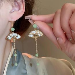 Dangle Earrings Minar Chinese Style Green Colour Glass White Fan Shaped Tassel Long Drop For Women 14K Real Gold Plated Copper Jewellery