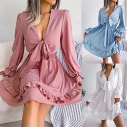 Casual Dresses 2024 Fashion Spring Summer Women's Dress Lace-up Bowknot Elastic-waist Ruffle V-neck Long-sleeved A-line Streetwear Lady