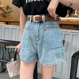 Kadın Şort Yaz Denim Şortları Kadın Yüksek Bel Cepleri A-line Denim Şort Retro Moda Şortları Kadın Giyim Şortları Y240420