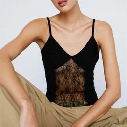 Women's Tanks Camis Xingqing Scene 2000s Clothes Women Black S Through Lace Patchwork Spaghetti Strap Slveless Crop Top Camisole Sexy Strtwear Y240420