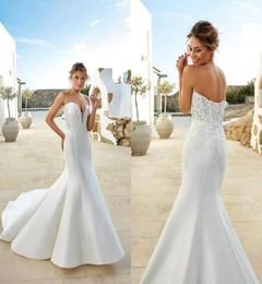 2020 Eddy K Mermaid Wedding Dresses Sweetheart Satin Appliqued Beads Sweep Train Country Wedding Gowns Beach Style Custom Made Bri3607840