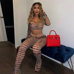 Women's Two Piece Pants Floral Striped Print Mesh 2 Set Women Sexy V Neck Gloves Long Sleeve Lace Up Crop Top High Waist Flare Clubwear Suit