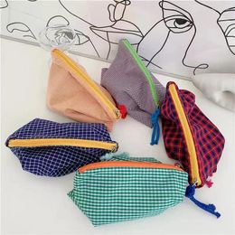 Storage Bags Plaid Cosmetic Bag Cotton Fabric Make Up Zipper Pouch Japanese Female Toiletry Wash Travel Large Capacity