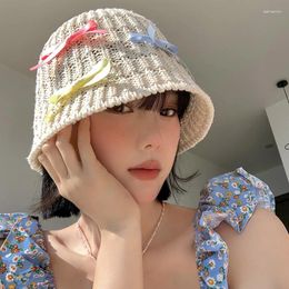 Berets Ins Sweet Bow Straw Caps For Women Summer Travel Versatile Hollow Breathable Sunscreen Show Face Small Designer Bucket Hats