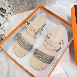 Dress Shoes Fashion Designer Sandals And Slippers For Women Summer Outwear Thick Heel Rhinestone Mid Luxury Ladies