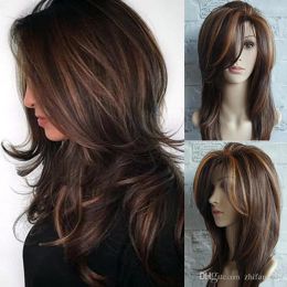 Caps Z&F Blonde Mix Brown Colour Curly Nature Look Fluffy Buckle Wigs Medium Long Straight Hair Wigs For Women