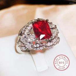 Cluster Rings European And American Red Square Diamond Simulation Crystal Ring Super Shiny 4A Full Zircon S925 Silver Anniversary