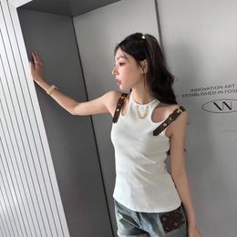 Women new fashion PU leather straps patched sexy o-neck cutout casual designer tank top camis