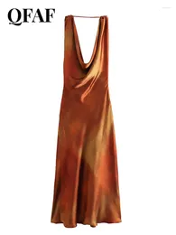 Casual Dresses QFAF Women Fashion Tie Dye Print Pile Collar A-line Satin Midi Dress Vintage Backless Strap Female Vestidos
