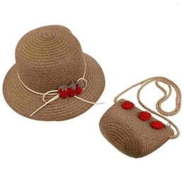 Berets Sun Hat Shoulder Bag Kids Summer Wide Floppy Visor Strawberry Beach Woven Protection Tea Party Hats