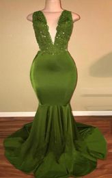 African Olive Green Mermaid Prom Dresses Satin Beaded Lace Appliqued Sweep Train Arabic Party Evening Dresses HY2123262251