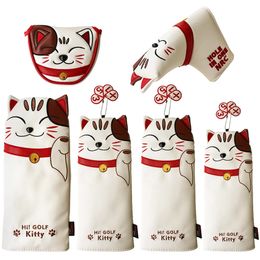 Golf Headcover Lucky Cat Golf Head Cover for Driver Fairway Hybrid Putter PU Leather Protector Magnetic Closure 240409