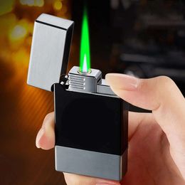 New Metal High Fire Green Flame Butane Without Gas Windproof Lighter Outdoor Camping Barbecue Portable Lighter Men's Unusual Gift