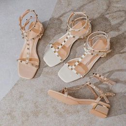 Casual Shoes 2024 Fashion Summer Woman Square Toe Girl Fetish 4cm High Heels Gladiator Designer Rivets Sandals Lolita Barefoot Party