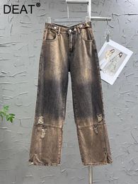 Women's Jeans High Waist Loose Patchwork Broken Holes Wash Straight Wide Leg Denim Pants 2024 Autumn Fashion 29L3661
