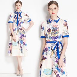 Runway Vintage Floral Print Women Midi Dresses Collar Short Sleeve Bow Tie Scarf Button Front Ladies Casual Party Holiday Spring Summer Fall Wholesale Dropshipping