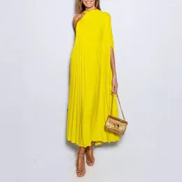 Casual Dresses Women Maxi Dress Trendy One Shoulder Solid Blue Irregular Pleated Batwing Sleeve Loose Evening High Streetwear 2024