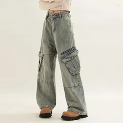Women's Jeans 2024 Workwear Pants High Street Hip Hop Style Multi Pocket Fashion Retro Wide Leg Trend