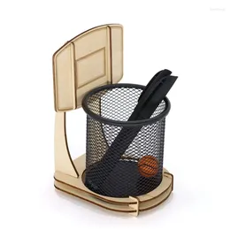 Pen Pencil Holder Handmade Wooden Basketball Stand Organizer Metal Mesh Cup Mens Desk Accessories