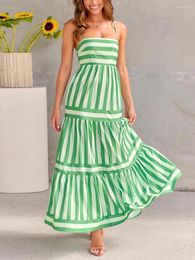 Casual Dresses Women Striped Print Maxi Dress Spaghetti Strap Flowy Tiered Sleeveless Summer Beach Long