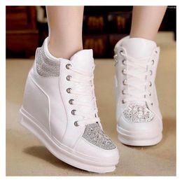 Casual Shoes Woman Wedge Heel Leather Vulcanized Shoe White Black Rhinestones High Top Lace Up Sneakers For Women